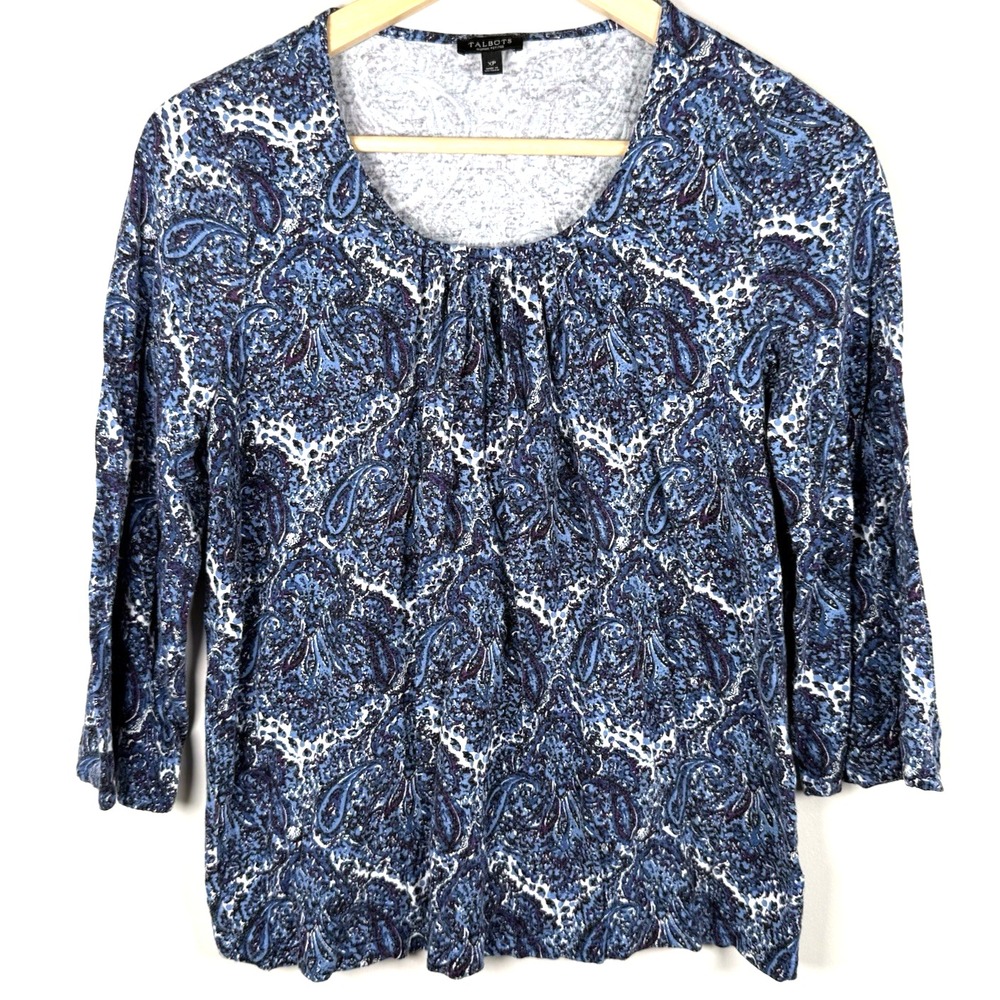 TALBOTS Blue Paisley 3/4 Sleeve Pullover Sweater Pleated Front Women's Size‎ XP